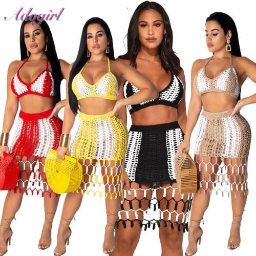 Summer Bikini Cover Up Women Casual Crochet Hollow Out Ladies 2 Piece Bathing Suits Backless Sleeveless Tassel Cover Up Swimwear