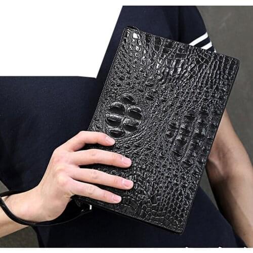 Crocodile pattern men clutch bag cowhide leather small handbag envelope bag 9.7 inch ipad purse alligator design business bag