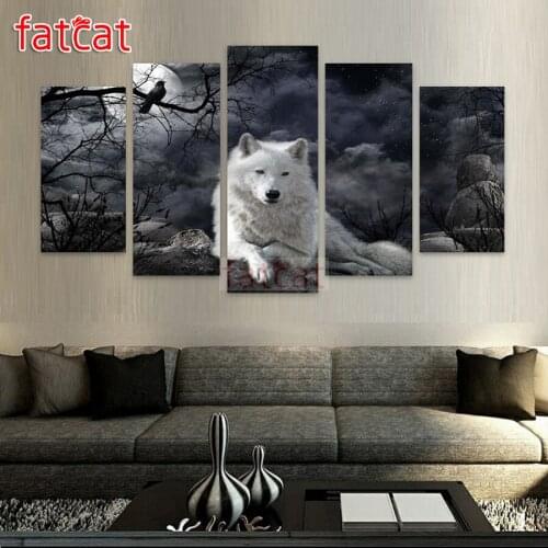 FATCAT 5 Piece Diy Diamond Painting Moon white wolf Full Square Round Drill 3D Diamond Embroidery Sale Animal Decor Gift AE1235