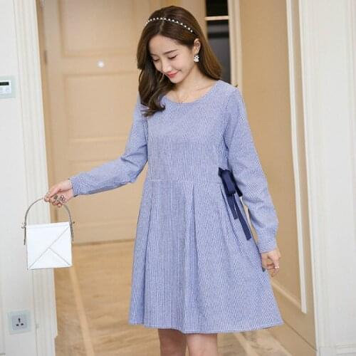 2018 Autumn Spring New Maternity Dress Bow Long Sleeve Dress Striped Breastfeeding Clothing Clothes For Pregnant Women