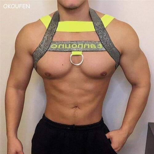 New Sexy Fluorescene Bondage Belts Mens Ds Fitness Letter print Musle Straps Nightclubs bar shows party stage show chest straps