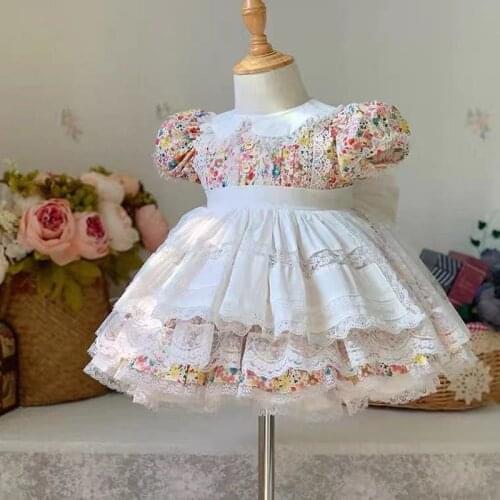 2PCS Summer Lolita Princess Spanish Vintage Floral Puff Shortsleeve Peter pan Collar Dress For Baby Girls Birthday Party Easter
