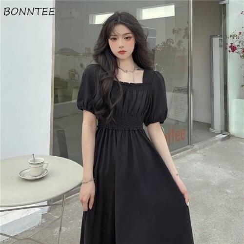 Short Sleeve Dress Women Korean Style Popular Fashion Square Collar Solid Simple Elegant A-line Casual Summer Female 2021 Simple