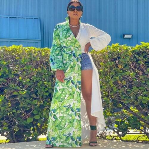 Leaves Print Bikini Beach Cover Up Tunics For Beach Long Kaftan Bikini Cover Up Robe De Plage Sarong Beach Swimsuit Cover-ups