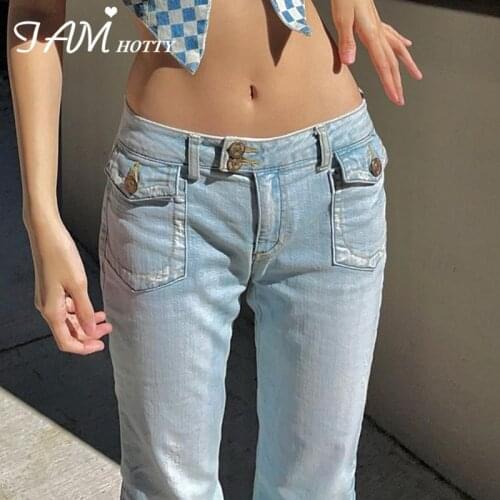 Casual Low Waist Jeans Women Korean Style Baggy Denim Pants Pockets Street Trousers Vintage Cargo Jeans Chic Outfit 90s Iamhotty