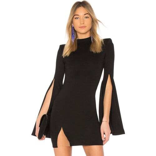 Sultry Flare Sleeve Split Bandage Sexy Dress Long Sleeve Round Neck Elegant Mesh Patchwork Mini Bodycon Party Vestido Dress