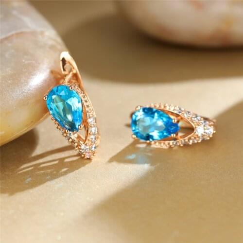 Simple Female Aqua Blue Zircon Earrings Charm Gold Color Clip Earrings For Women Dainty Crystal Geometry Wedding Earrings