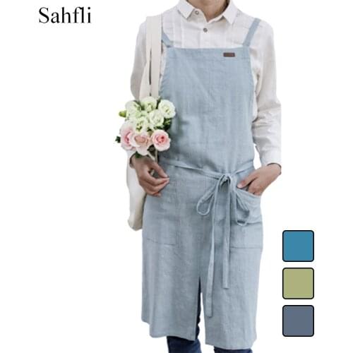Modern Simplicity Japanese Cotton Linen Solid Color Split Anti-fouling Solid Color Double Shoulder Design Adult Sleeveless Apron