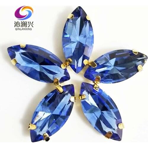Light blue eye shape AAA Glass Crystal sew on stones with holes,Golden bottom loose rhinestones Diy/Clothing accessories SWMG12