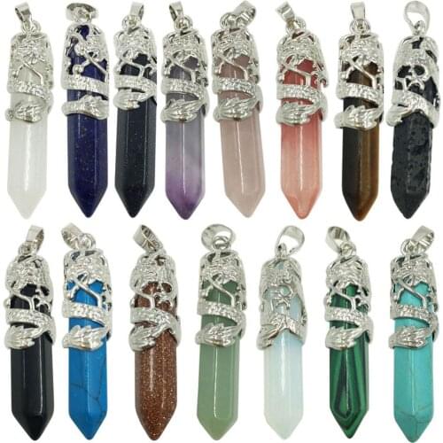 Tiger Eye Lapis Lazuli Howlite Aventurine Carnelian Opal Crystal Malachite Goldstone Blue Sand Dragon Pendant Bead WFH701