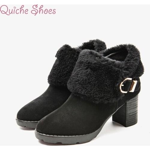 QuicheShoes Square heel women winter shoes classic buckle warm fur snow ladies boots high heels platform ankle boots women botas