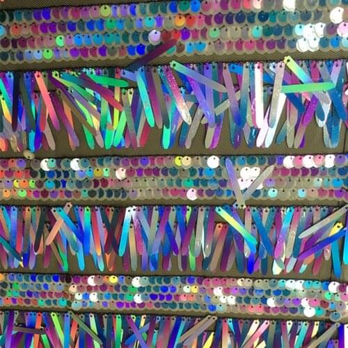 GLace 1Y/lot Green Gold Tassel Sequins Embroidered Mesh Glitter Fabric Textile for Girl Dess Cloth Accessories TX1216