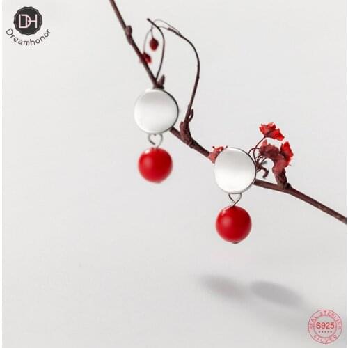 Dreamhonor Wholesale 925 Sterling Silver Curved Round Red Beads Statement Stud Earrings Jewelry