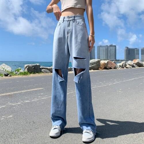 2021 Korean Fashion Wide Leg Jeans Woman High Waist Streetwear Casual Loose Frayed Hole Gradient Blue Long Denim Trousers B386