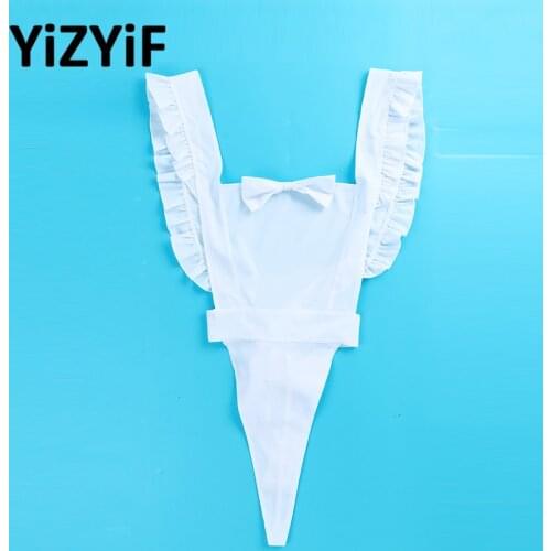 Women Maid Jumpsuit Bowknot Ruffle Lace-up Sexy Lingerie Bodysuit Sleeveless Backless Leotard Bodysuit Sexy Maid Cosplay Costume