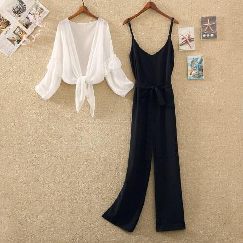 Summer New Two Piece Sets Fashion Outfits White Bow Tie Ruffle Long Sleeve Blouse Shirt Tops +String Belt Wide Leg Jumpsuits Set