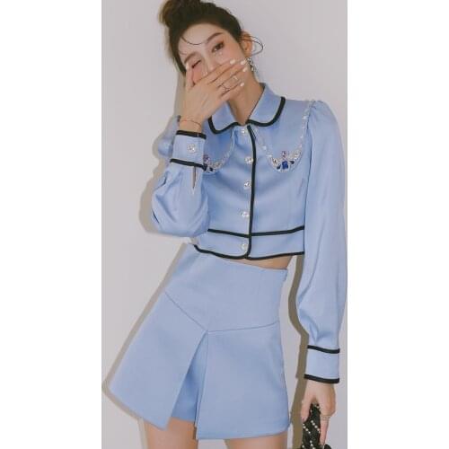 Women Knitted 2 Piece Set 2021 Peter Pan Collar Crystal Beaded Thin Cardigan Crop Top and A Line Front Split Mini Skirt Suit Set