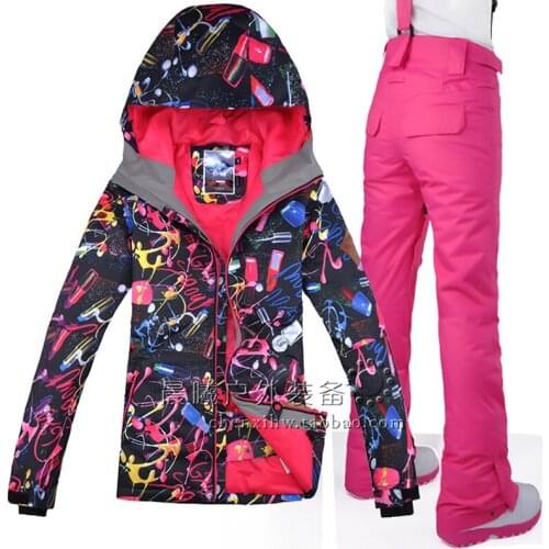 Gsou Snow Women Jacket+Pants Ski suits Windproof Waterproof Thicken Thermal Outdoor Sport Wear Camping Riding Warm ski Suit