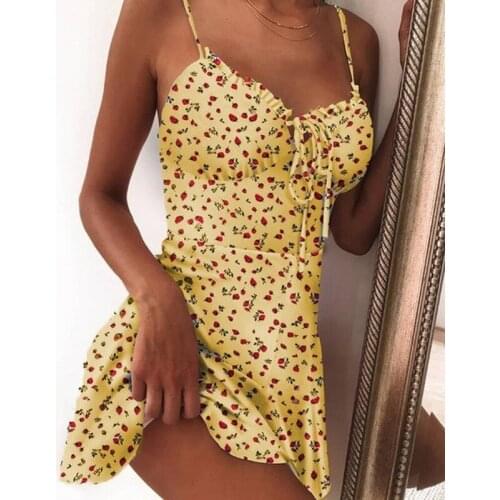 Womens Summer Floral Print Spaghetti Strap Sleeveless S-5XL Large Size Dress Bohemian Beach Style Above Knee Mini Dress