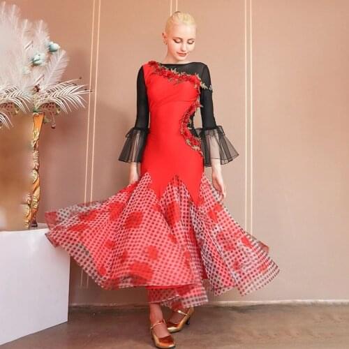 2021 New Female Latin Dance Dress Women Yarn Puffy Lotus Design Belly Dancing Modern Dance Dress Performance Cloth