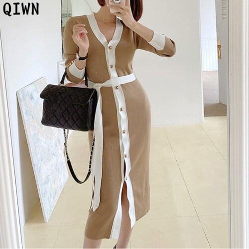 2020 Winter New Korean V-Neck Slim Knitted Dress Women One Piece Lace-Up Single-Breasted Midi Sweater Dress Woman Cardigan Dress