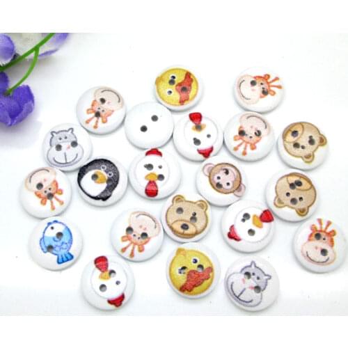 100pcs 15mm Mixed Round Animal Wooden Buttons For Clothes Crafts Sewing Decorative Needlework Scrapbooking DIY Accessories