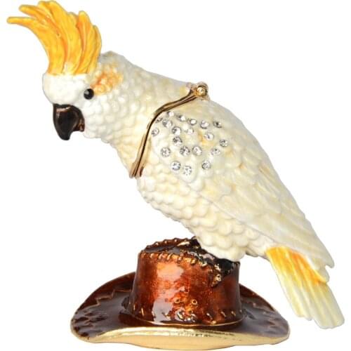 White Cockatoo Bejeweled Enameled Hinged Trinket Box with Crystals Bird Figurine Decoration