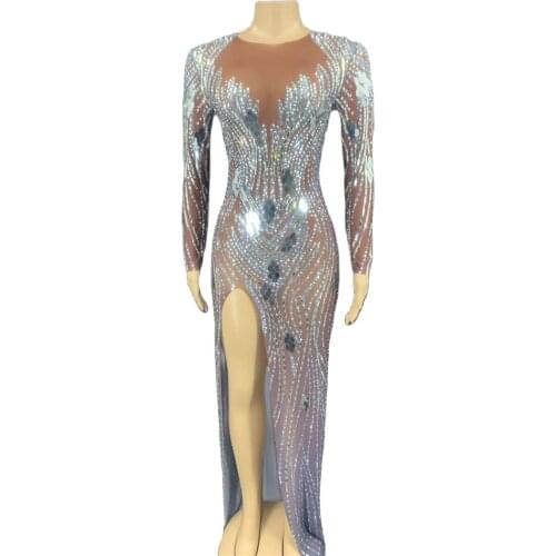 Shining Rhinestone Sequined See Through Bodycon Dresses Evening Prom Birthday Celebrate Costume Women High Side Split Mesh Dress