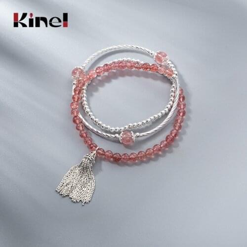 Kinel Original Handmade Strawberry Crystal Bracelet 925 Pure Silver Three Layer Winding Elastic Rope Bracelets Bohemia Jewelry