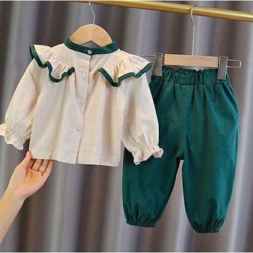 Long Sleeve Shirts and Pants Suit for Kids 2021 Bow Decoration Two Pieces Clothing Set Ruffles Decoration Sets Casual Tracksuit