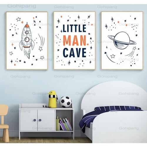 Cartoon Rocket Alien Canvas Painting Little Man Cave Nursery Boy Wall Art Prints Poster Picture Kids Bedroom Home Decor No Frame