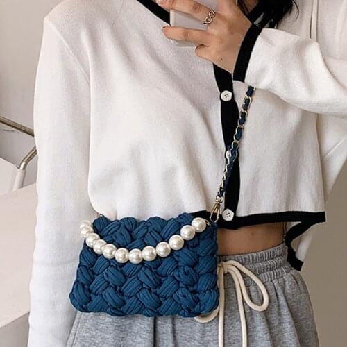 Fashion Crochet Crossbody Bags for Women Designer Rope Knitting Women Shoulder Bag 2021 Brands Woven Pearls Chains Phone Purse