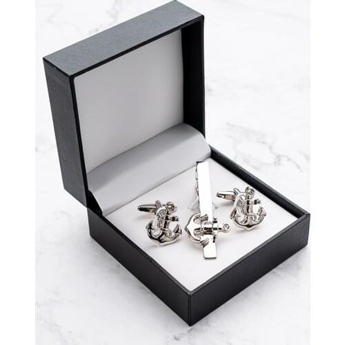 Fashion Anchor Tie Clips and Cufflinks Set Copper Material Silvery Plated Jewelry For Mens Shirt Suits Wedding Business Gift