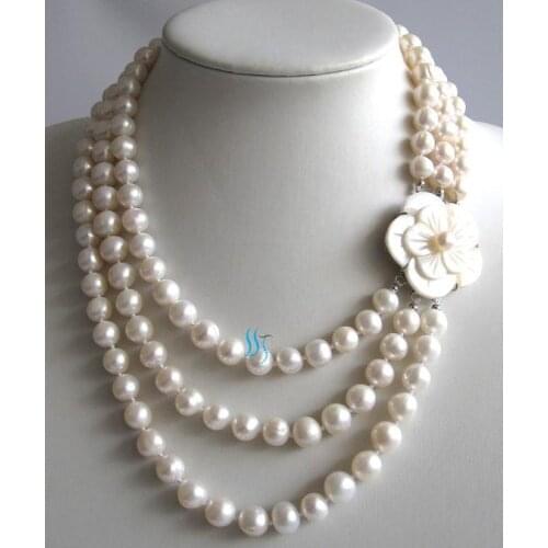 Charming Pearl Jewelry 17-20inches 3 Rows 7-8mm White Freshwater Pearl Necklace Free Shipping