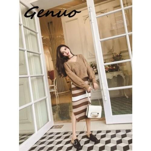 2019 Autumn Winter New women Loose Long Sleeve V Collar Sweater Spinning Stripes Medium dress Knitting two piece Set Female suit