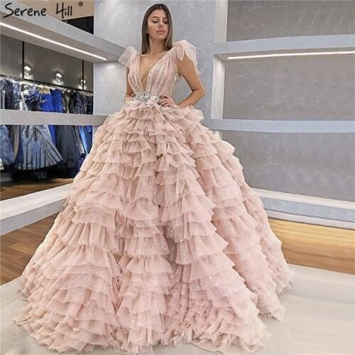 Serene Hill Pink Sleeveless Bow Tiered Sexy Wedding Dress 2020 Sequins Sparkle Lace Up Bridal Gown Custom Made CHM67033