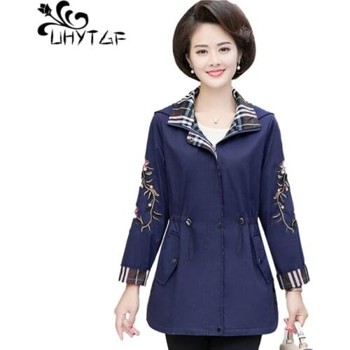 UHYTGF Women Spring Autumn Trench Coat Fashion Hooded Embroidered Elegant Female Tops Overcoat Slim Plus Size Windbreaker 1615