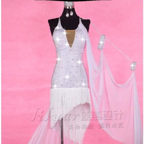 Latin Dance Competition Dresses Performing Dresses White tassels Skirt Irregular Design of Water Drill