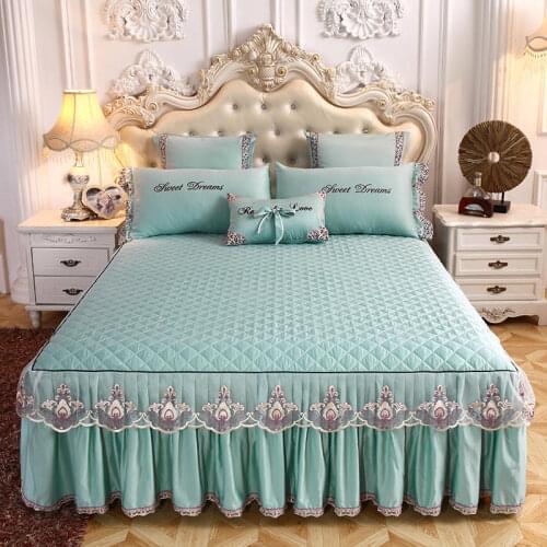 Green Lace Quilted Bedspread Bed Skirts Solid Soft Bedding Fitted Bed Sheet Cotton Thicken Warm Mattress cover Home Textile