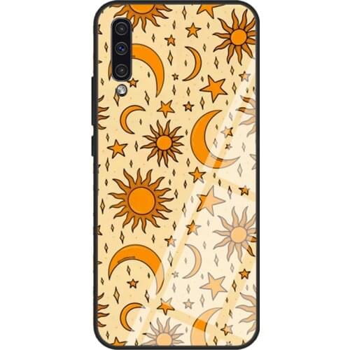 Vintage Sun and Star Print Tempered Glass Phone Case For Samsung A12 A32 A52 A72 A51 A71 A31 A40 A50 A70 A20e A21S