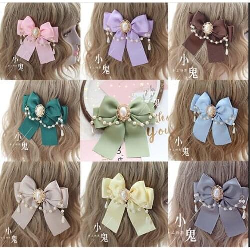 Sweet Lolita Pearl Chain Kawaii Bowknot Hair Pin Headwear Cosplay Women Hair Accessories Side clip B500