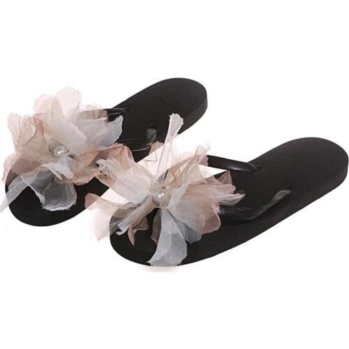 Women Feminine Summer Casual Fairy Silk Gauze Flower Slider Flip Flops with Bead Decoration