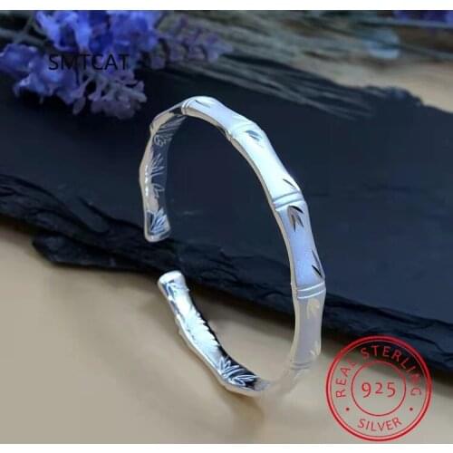 Fashion 925 Sterling Silver Woman Charm Cuff Bracelet Open Bamboo Leaf Shaped Adjustable Bangle Girls Party Jewelry Gifts