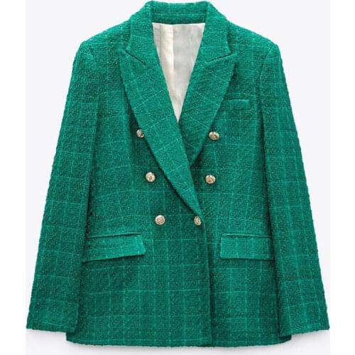 2021 Za Women jacket Autumn Fashion Double Breasted Tweed Check Blazer Coat Vintage Long Sleeve Pockets Female Outerwear Chic
