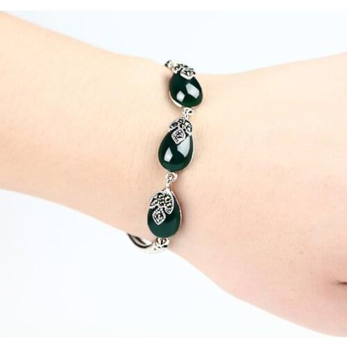 ZHJIASHUN Retro Chalcedony Agate 100% 925 Sterling Silver Bracelets For Women Vintage Natural Gemstones Bracelet Silver Jewelry