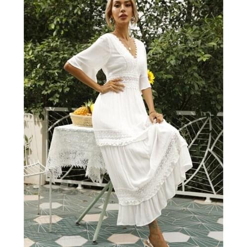 Women Fashion Lace Backless Dress Stylish Ruffle Sleeve Vacation Dress for Lades Female