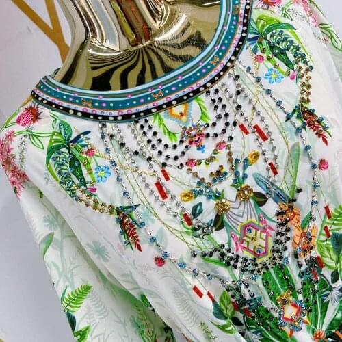 Women Runway Fashion Autumn New Arrival Long Flare Sleeve Flower Print Luxury Beading Diamond Loose Casual Dress