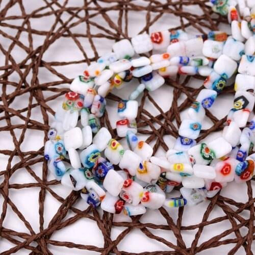 185pcs/lot 10mm Flat Square Shape Millefiori Beads White with Colorful Flower Printed Lampwork Jewelry Beads for Necklace Making