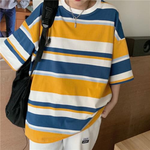 2021 Simple Striped Short Sleeve Couple T-Shirt England Style Casual Pullover Cotton Clothes Hip Hop Stretch Vintage Tshirt Tops
