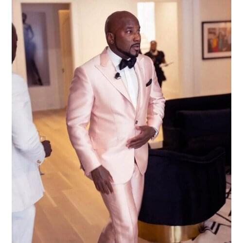 Custom Made Shiny Pink Satin Suit Men 2Pcs Slim Fit Prom Wedding Groom Best Man Tuxedo Plus Size Party Dinner Blazer Pants Set